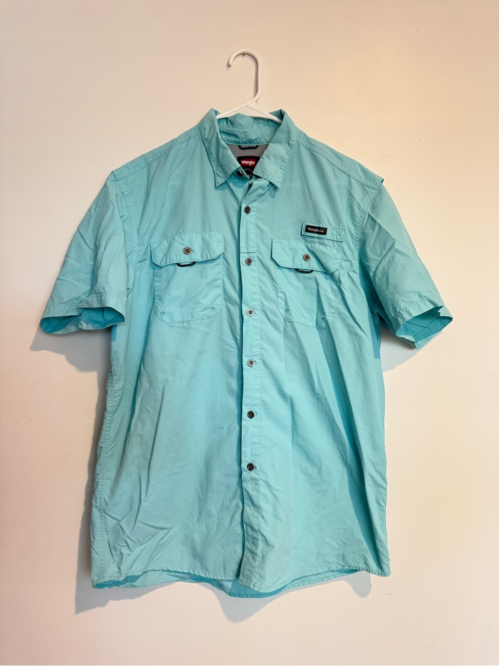 Wrangler Men’s Short Sleeve Button-Up Shirt — Light Aqua
